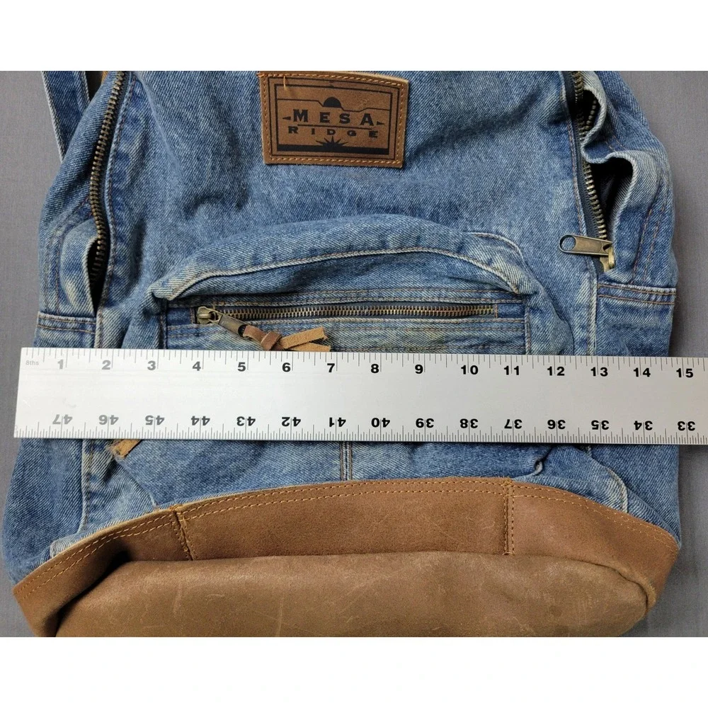 Mesa Ridge Vintage Denim Backpack Leather Base Blue Medium Wash Western‎ Daypack